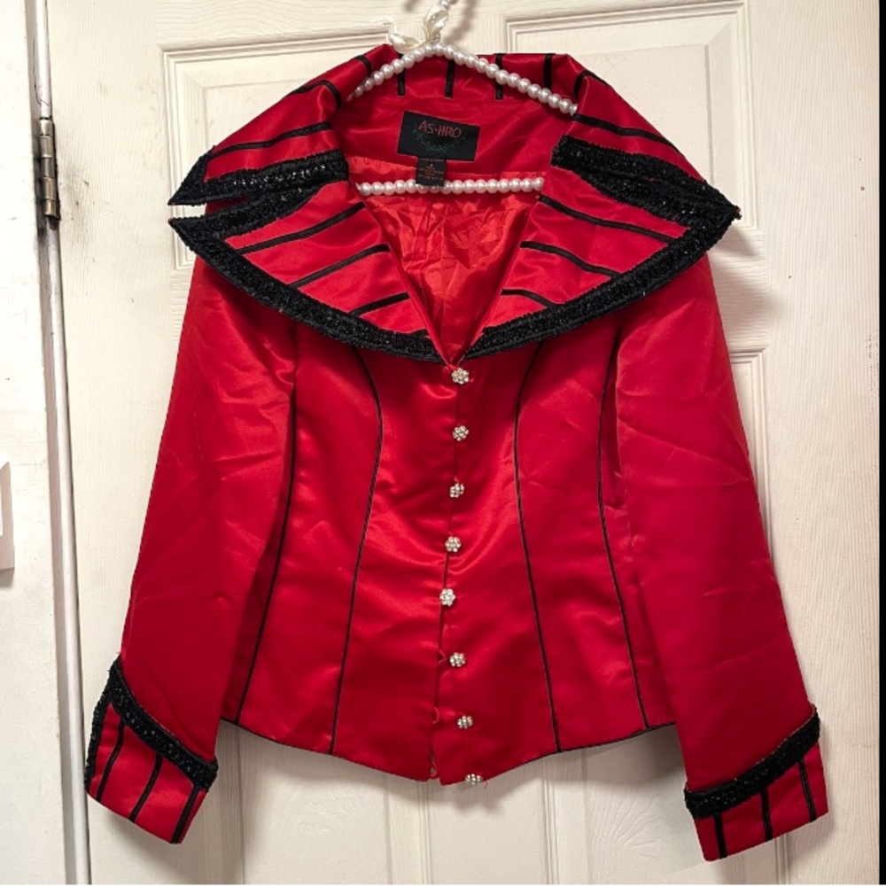 AS-HRO Red Satin Black Sequin Jacket Oversized Collar Rhinestone Buttons Size 8